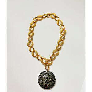Vintage Gold Tone Link Chain Lion Hematite Pendant Necklace 16 Inches Statement
